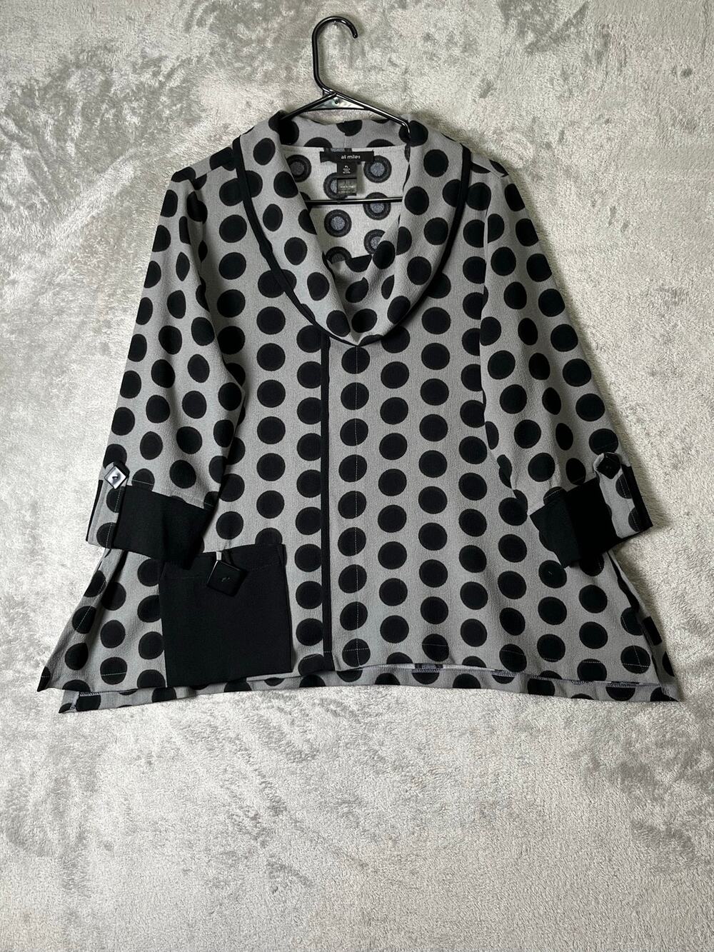 Ali Miles Polka Dot Button Front Art to Wear Swing Tunic Blouse Top Petite Large